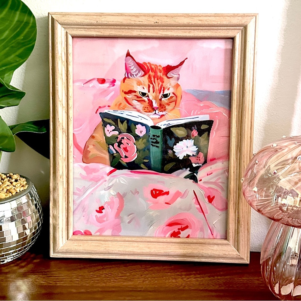 Orange Cat Book Worm Fluffy Flower Blanket Floral Framed Canvas Print Wall Art - Picture 2 of 8